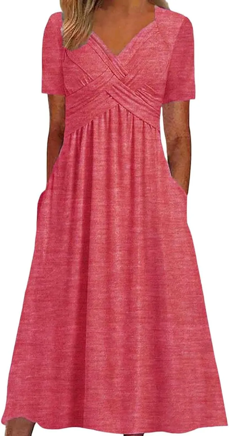Women's Summer Maxi Dress 2025 Casual Short Sleeve Wrap V Neck Flowy Swing Plated Long Beach Sun Dresses with Pockets