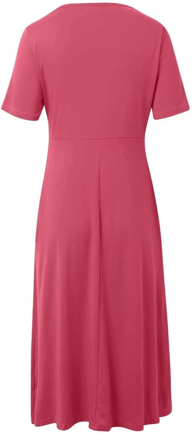 Women's Summer Maxi Dress 2025 Casual Short Sleeve Wrap V Neck Flowy Swing Plated Long Beach Sun Dresses with Pockets