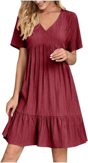 Women's Summer Midi Swing Dresses Casual Short Sleeve V Neck Pleated Tiered A Line Flowy Beach Sundress 2025