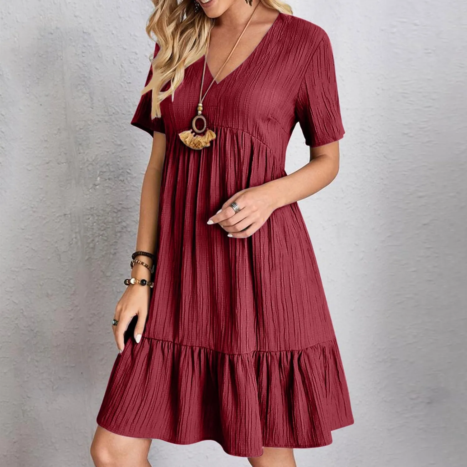 Women's Summer Midi Swing Dresses Casual Short Sleeve V Neck Pleated Tiered A Line Flowy Beach Sundress 2025