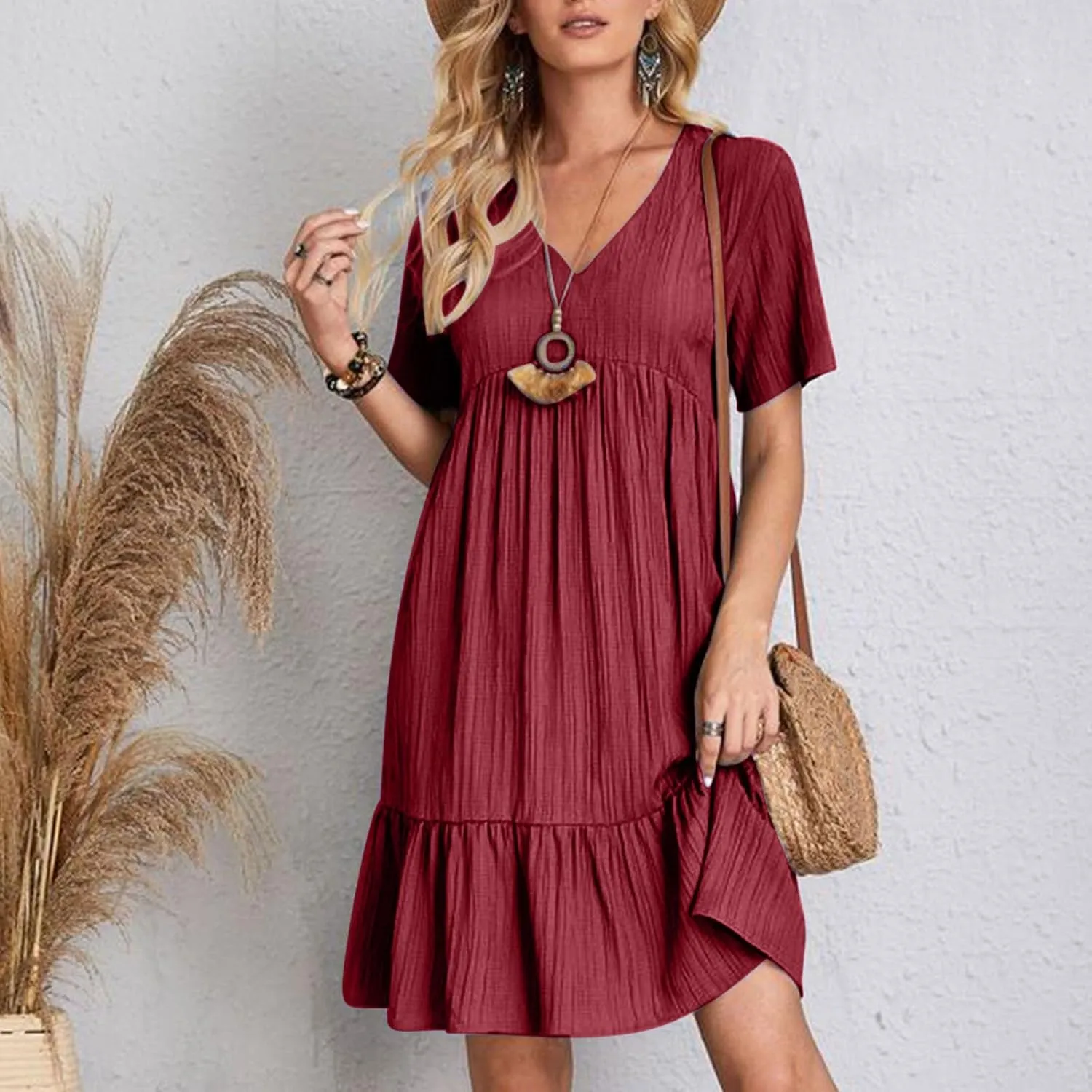 Women's Summer Midi Swing Dresses Casual Short Sleeve V Neck Pleated Tiered A Line Flowy Beach Sundress 2025
