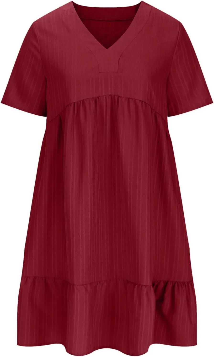 Women's Summer Midi Swing Dresses Casual Short Sleeve V Neck Pleated Tiered A Line Flowy Beach Sundress 2025
