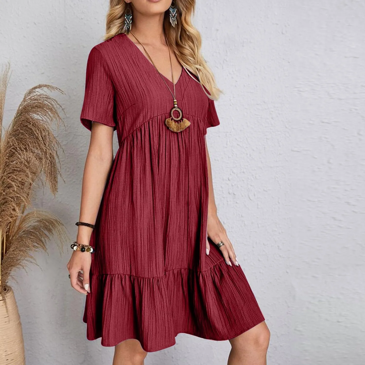 Women's Summer Midi Swing Dresses Casual Short Sleeve V Neck Pleated Tiered A Line Flowy Beach Sundress 2025