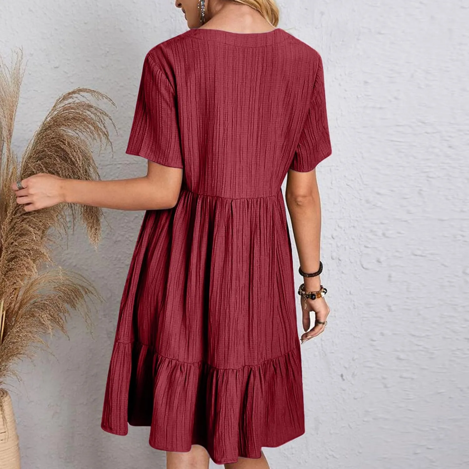 Women's Summer Midi Swing Dresses Casual Short Sleeve V Neck Pleated Tiered A Line Flowy Beach Sundress 2025