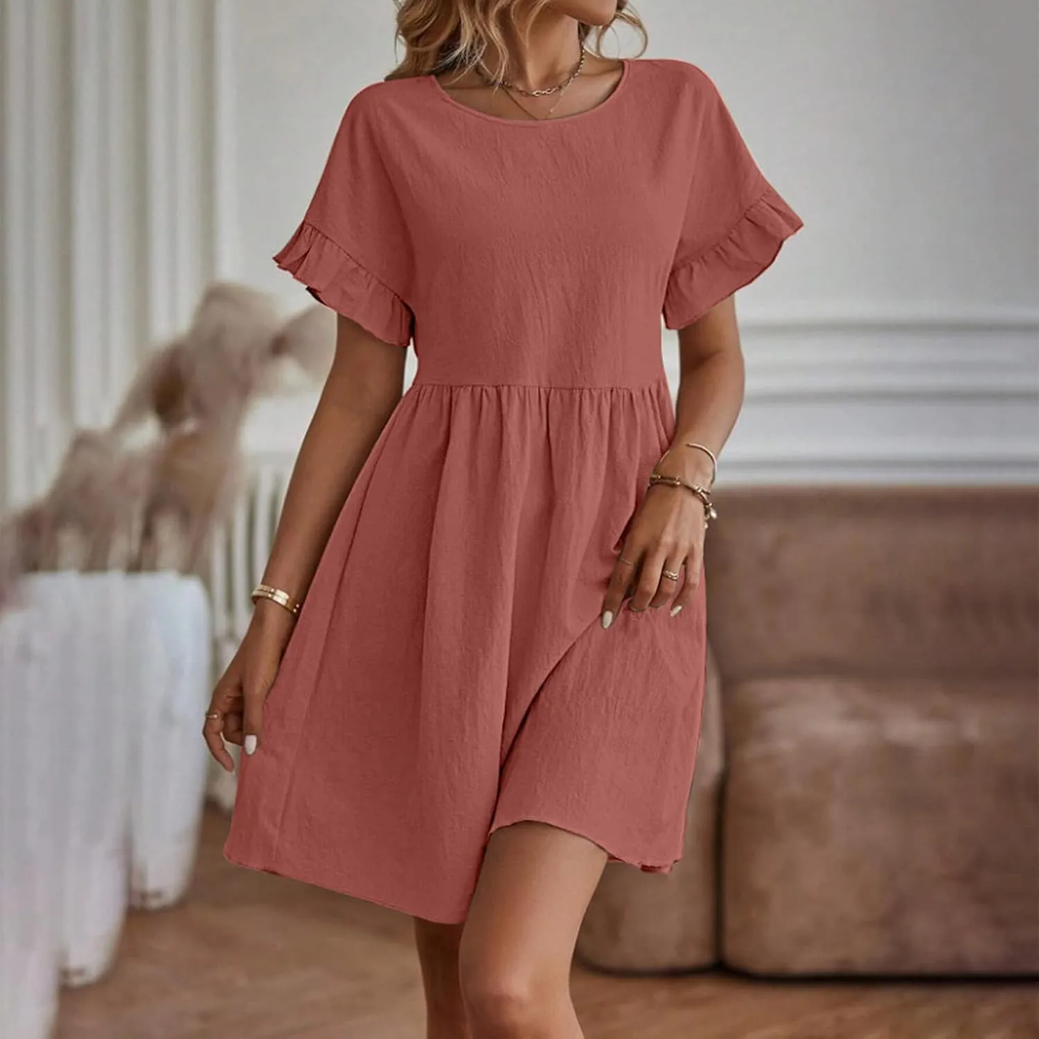 Womens Summer Mini Dress 2025 Casual Ruffle Short Sleeve A-Line Cotton Linen Dress Flowly Beach Tunic Sundresses