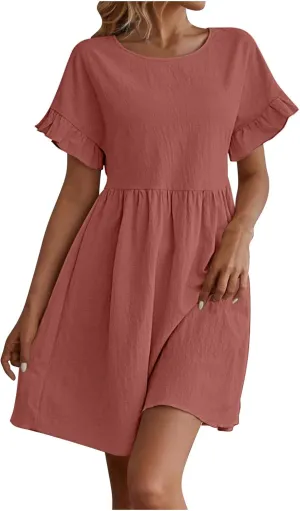 Womens Summer Mini Dress 2025 Casual Ruffle Short Sleeve A-Line Cotton Linen Dress Flowly Beach Tunic Sundresses