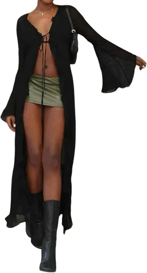 Women's Summer Tie Up Long Cardigan Black Long Sleeve Open Front Loose Beach Cover up