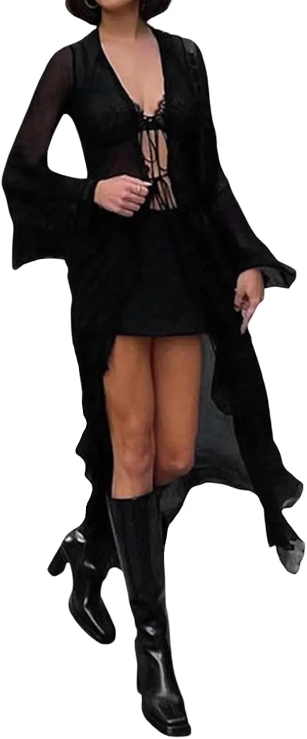 Women's Summer Tie Up Long Cardigan Black Long Sleeve Open Front Loose Beach Cover up