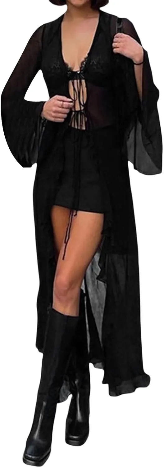 Women's Summer Tie Up Long Cardigan Black Long Sleeve Open Front Loose Beach Cover up