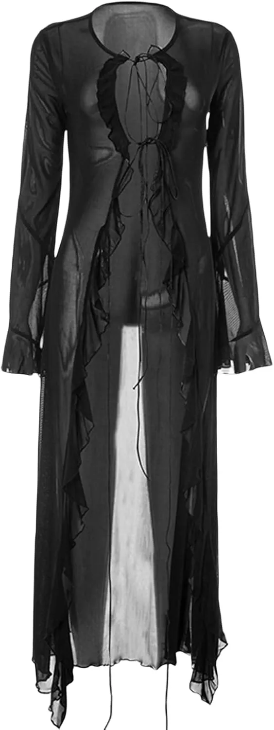 Women's Summer Tie Up Long Cardigan Black Long Sleeve Open Front Loose Beach Cover up