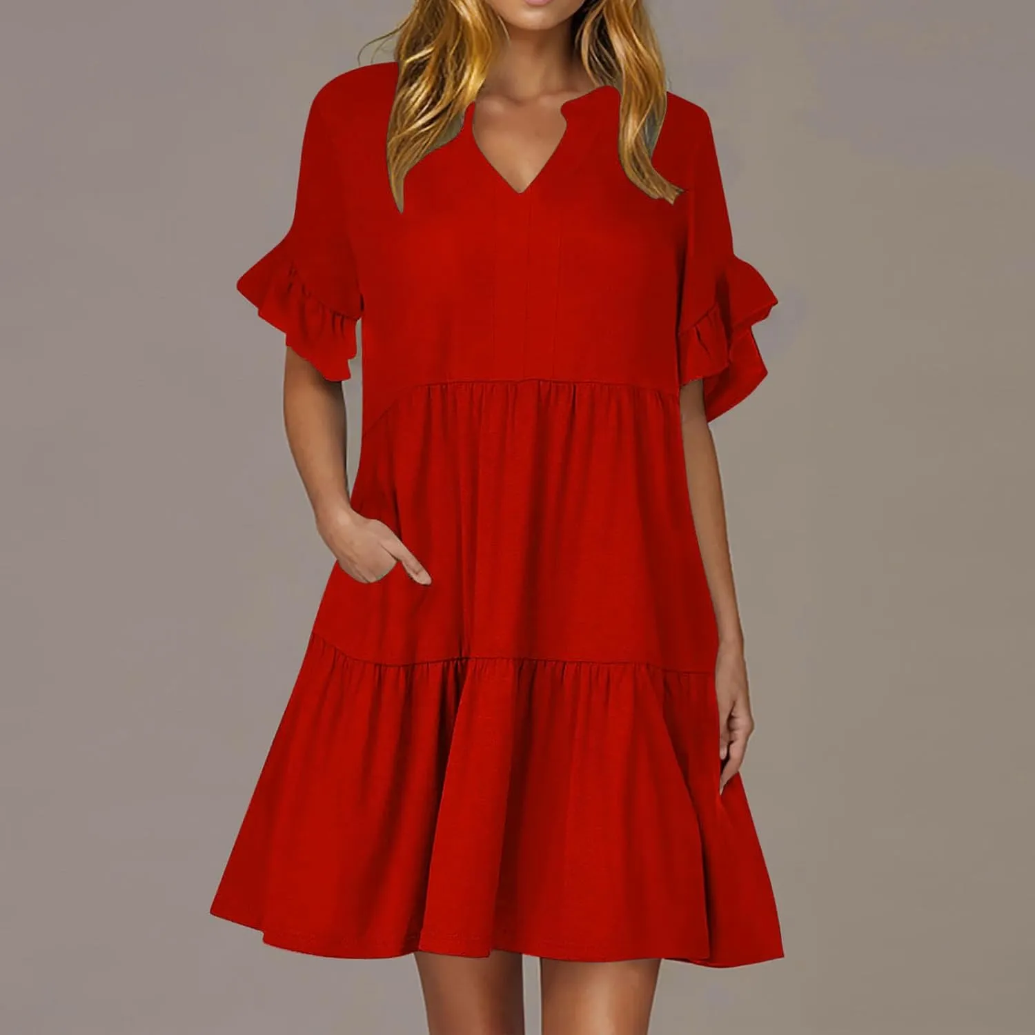 Women's Summer V Neck Shirt Dress Casual Flutter Bell Short Sleeve A-Line Swing Tiered Ruffle Mini Dresses with Pockets