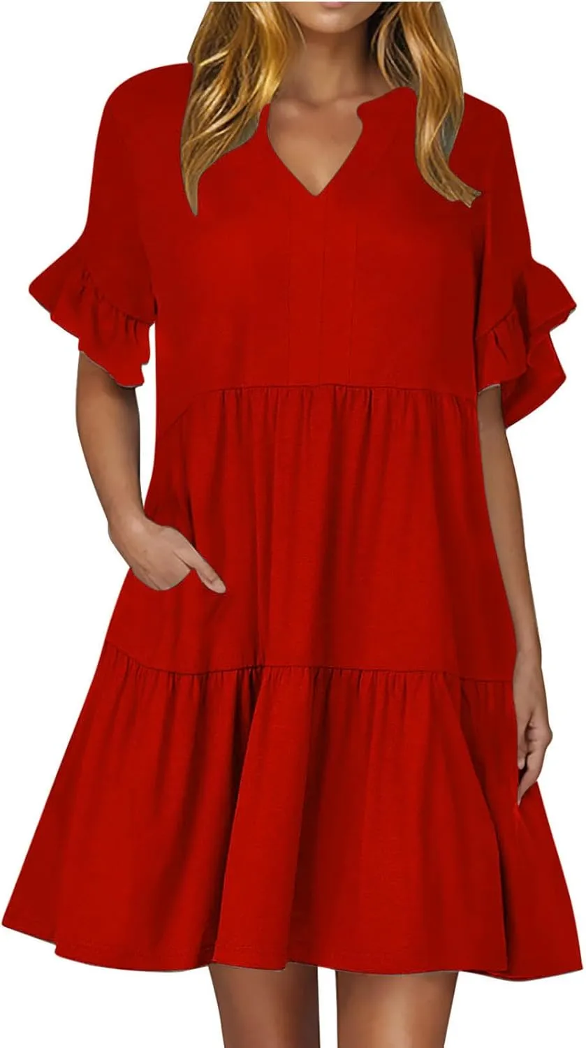 Women's Summer V Neck Shirt Dress Casual Flutter Bell Short Sleeve A-Line Swing Tiered Ruffle Mini Dresses with Pockets