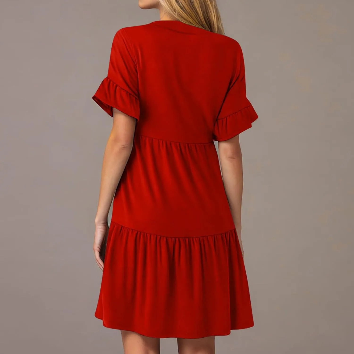 Women's Summer V Neck Shirt Dress Casual Flutter Bell Short Sleeve A-Line Swing Tiered Ruffle Mini Dresses with Pockets