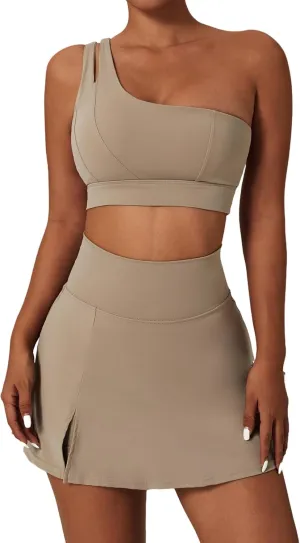 Women's Tennis Skirts Sport Bra Sets High Waisted Golf Skorts Skirt One Shoulder Sports Bra Running Workout Activewear
