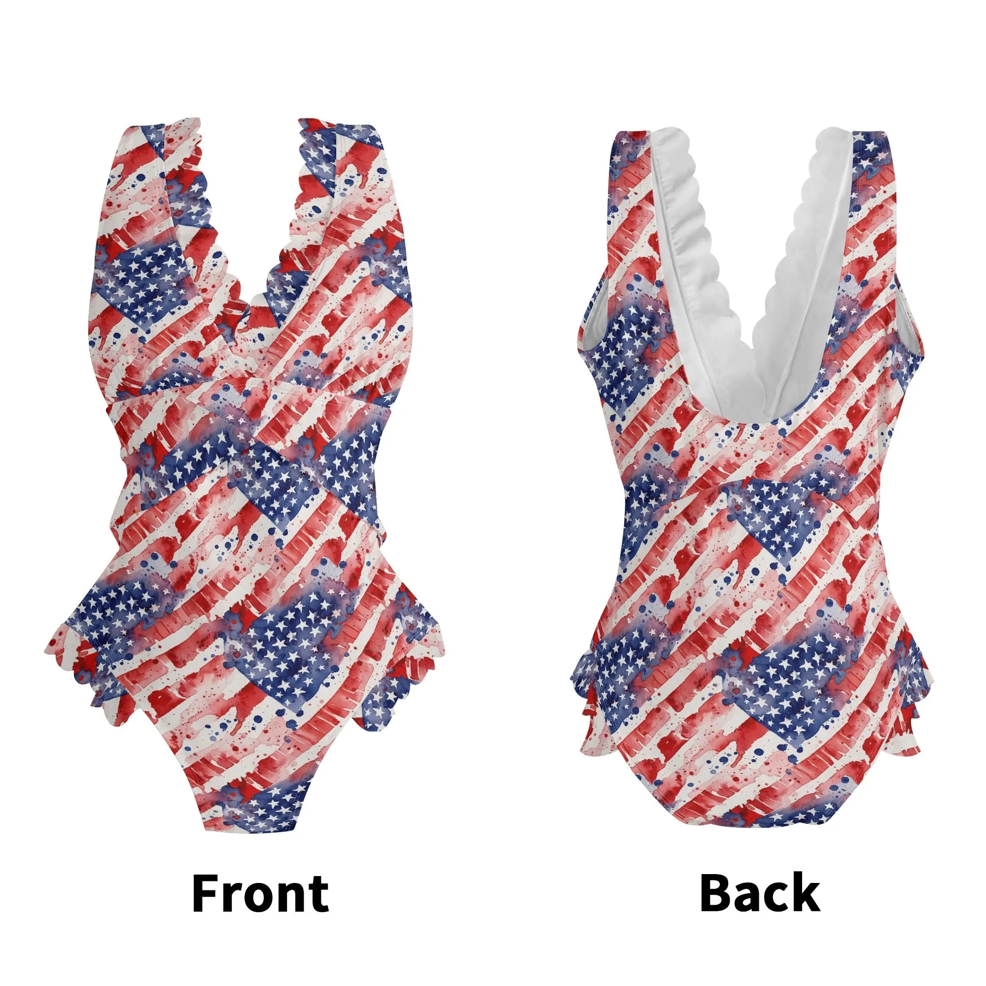 Womens Watercolor Independence Ruffle Edge Cross-Front One Piece Swimsuit Bathing Suit