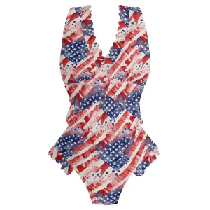 Womens Watercolor Independence Ruffle Edge Cross-Front One Piece Swimsuit Bathing Suit