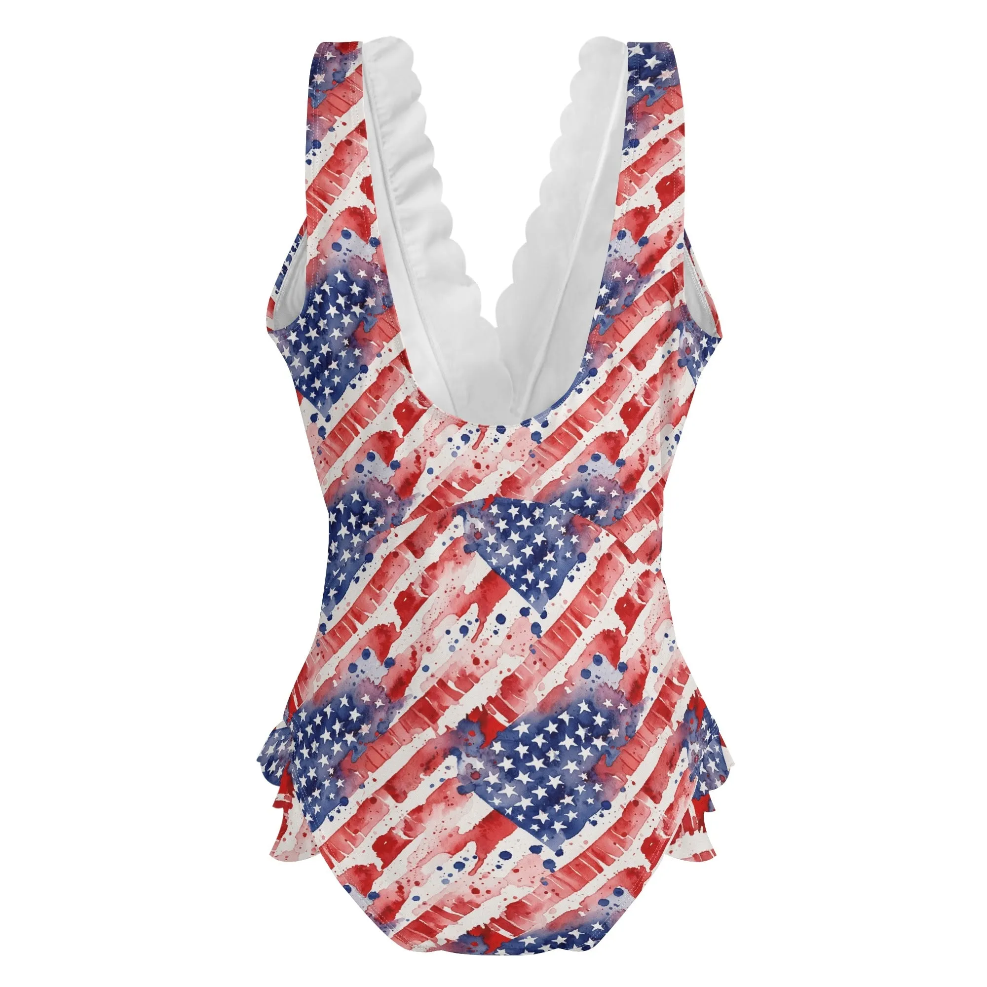 Womens Watercolor Independence Ruffle Edge Cross-Front One Piece Swimsuit Bathing Suit