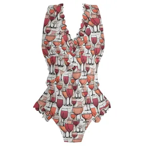 Womens Wine Dining Ruffle Edge Cross-Front One Piece Swimsuit Bathing Suit
