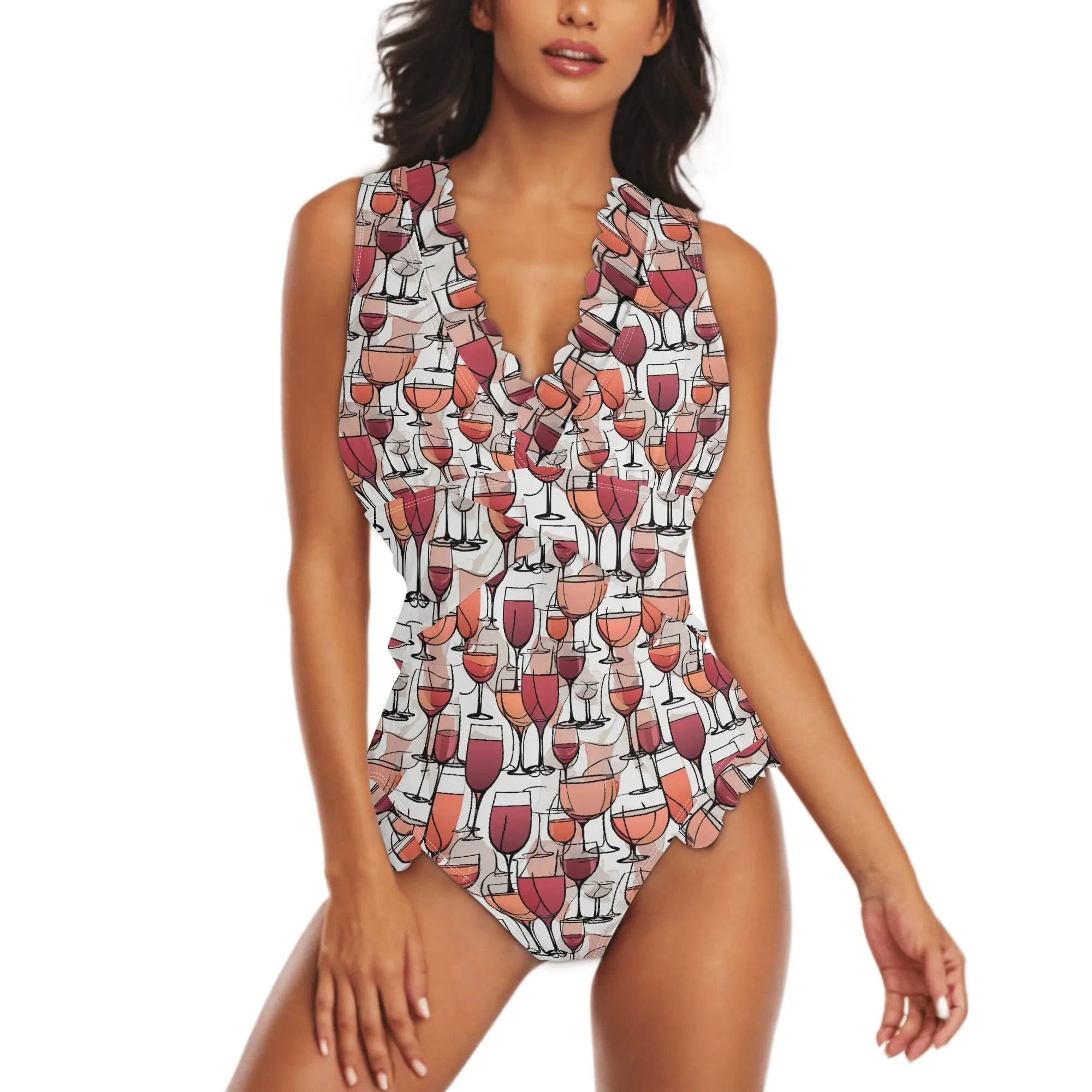 Womens Wine Dining Ruffle Edge Cross-Front One Piece Swimsuit Bathing Suit