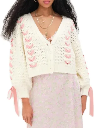 Women's Y2K Crop Cardigan Long Sleeve V-Neck Satin Ribbon Lace Up Bow Dec Sweater Pullover Button Down Knit Jumper Top