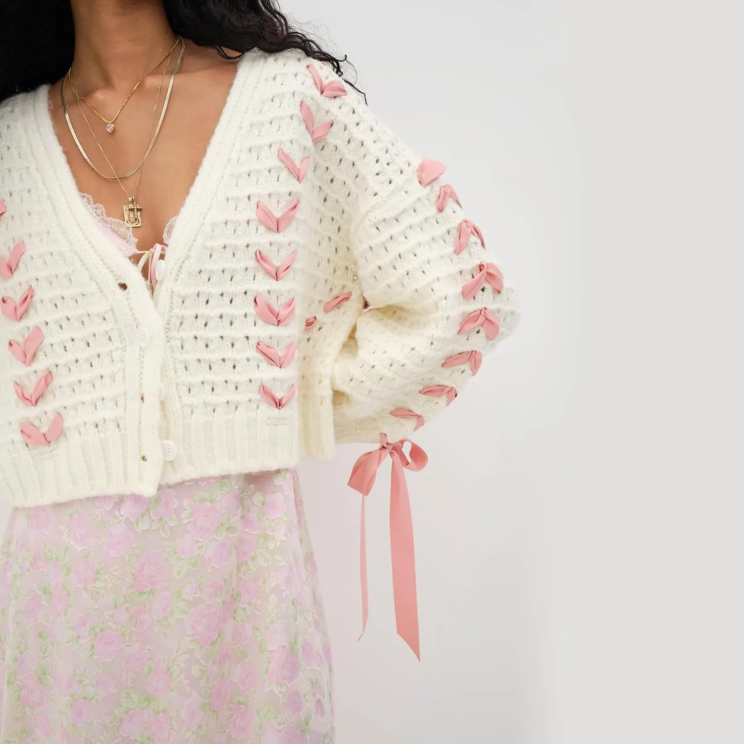 Women's Y2K Crop Cardigan Long Sleeve V-Neck Satin Ribbon Lace Up Bow Dec Sweater Pullover Button Down Knit Jumper Top