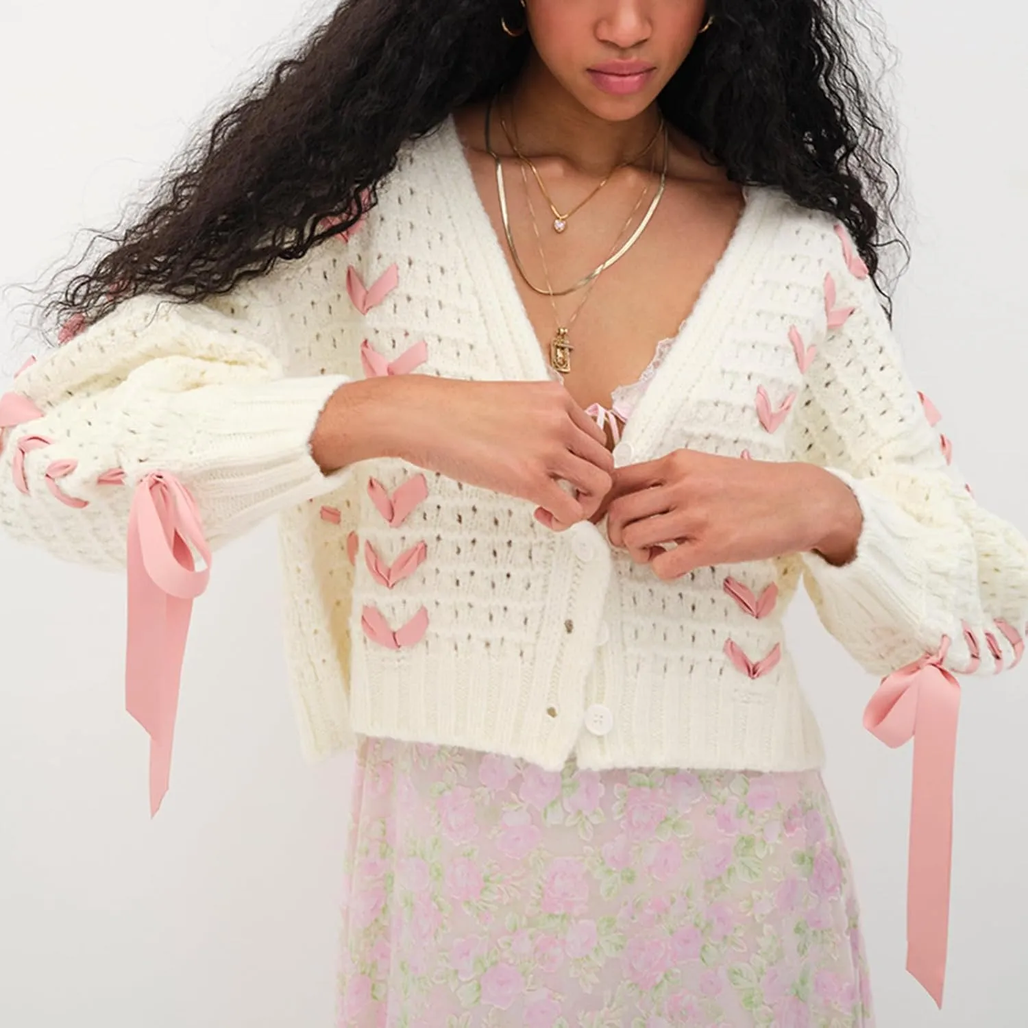 Women's Y2K Crop Cardigan Long Sleeve V-Neck Satin Ribbon Lace Up Bow Dec Sweater Pullover Button Down Knit Jumper Top