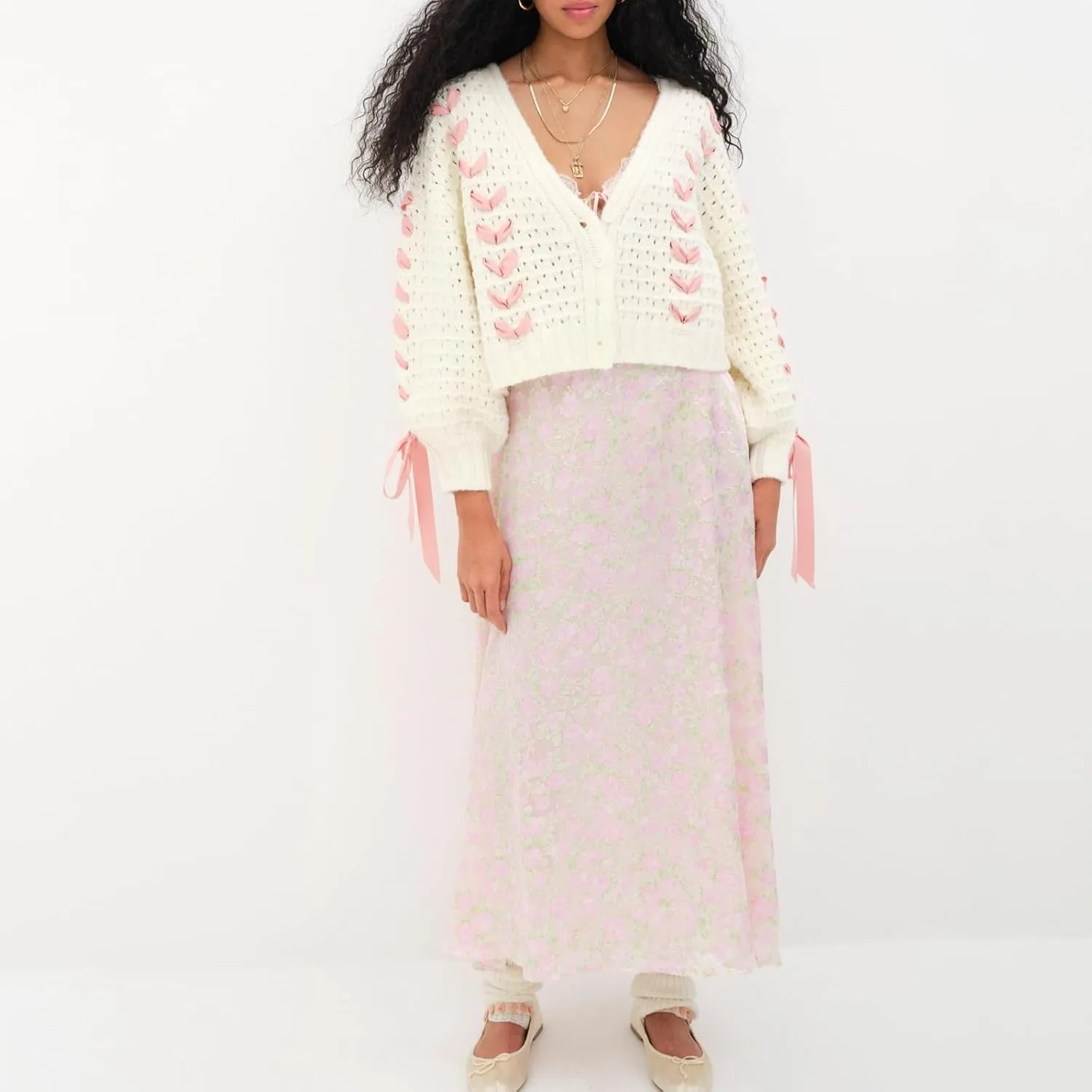 Women's Y2K Crop Cardigan Long Sleeve V-Neck Satin Ribbon Lace Up Bow Dec Sweater Pullover Button Down Knit Jumper Top