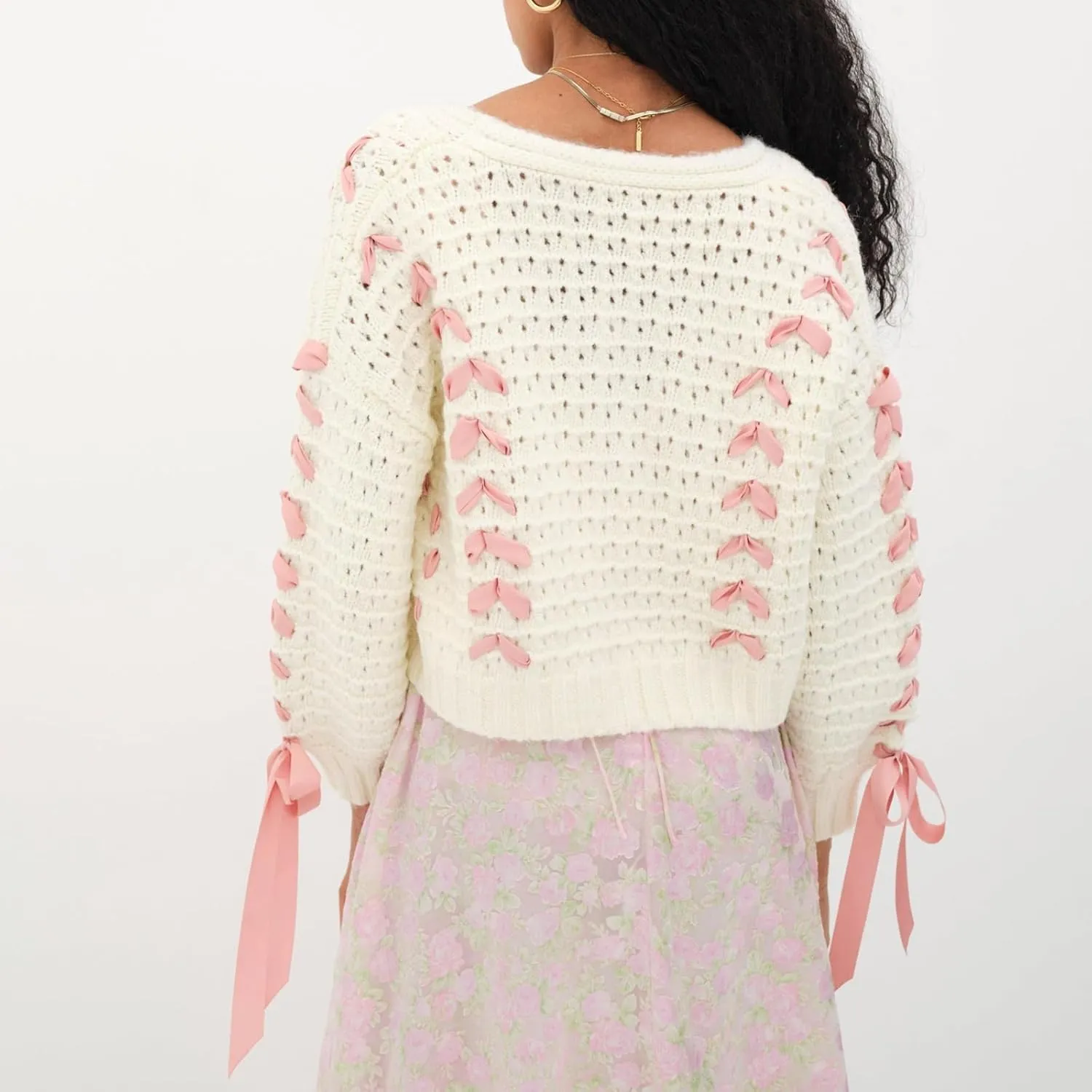 Women's Y2K Crop Cardigan Long Sleeve V-Neck Satin Ribbon Lace Up Bow Dec Sweater Pullover Button Down Knit Jumper Top
