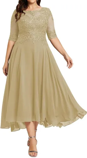 Women'sTea Length Chiffon Mother of The Bride Dresses with Sleeves Lace High Low Long Formal Evening Gowns