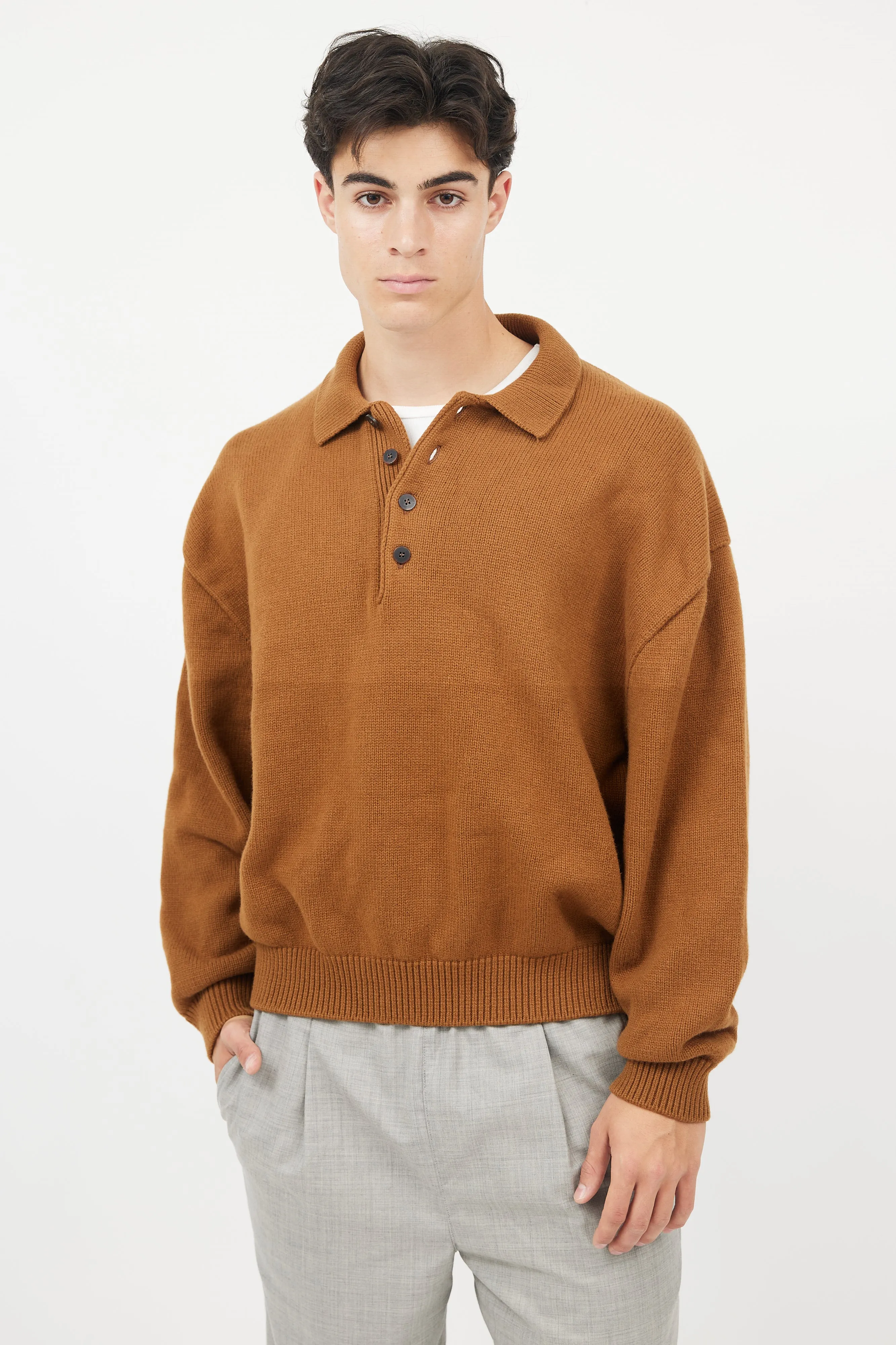 X Zegna Brown Wool Rugby Knit  Pullover
