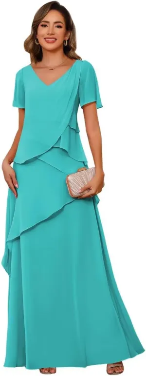 YOFF Women's V Neck Long Mother of The Bride Dresses for Wedding Chiffon Short Sleeve Formal Evening Dress YO230