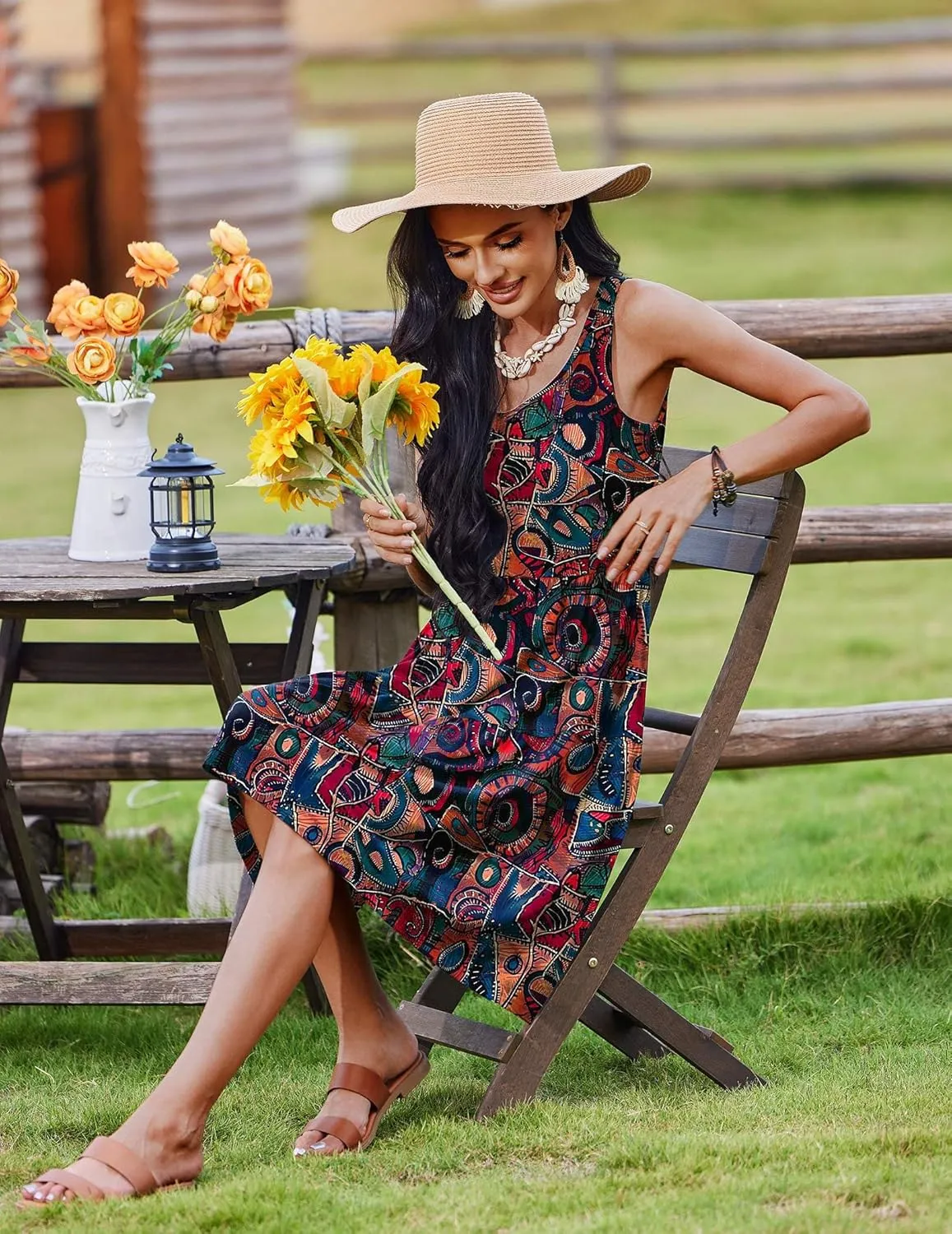Zeagoo Womens Summer Sundress Boho Floral Casual Tank Dresses with Pockets Sleeveless Tiered Swing A Line Beach Dress