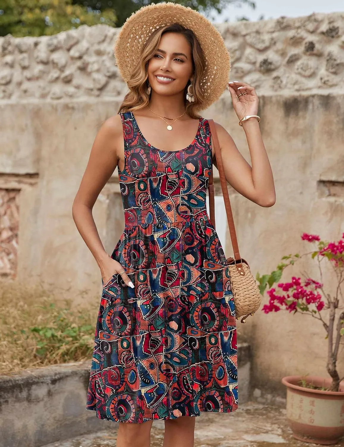 Zeagoo Womens Summer Sundress Boho Floral Casual Tank Dresses with Pockets Sleeveless Tiered Swing A Line Beach Dress