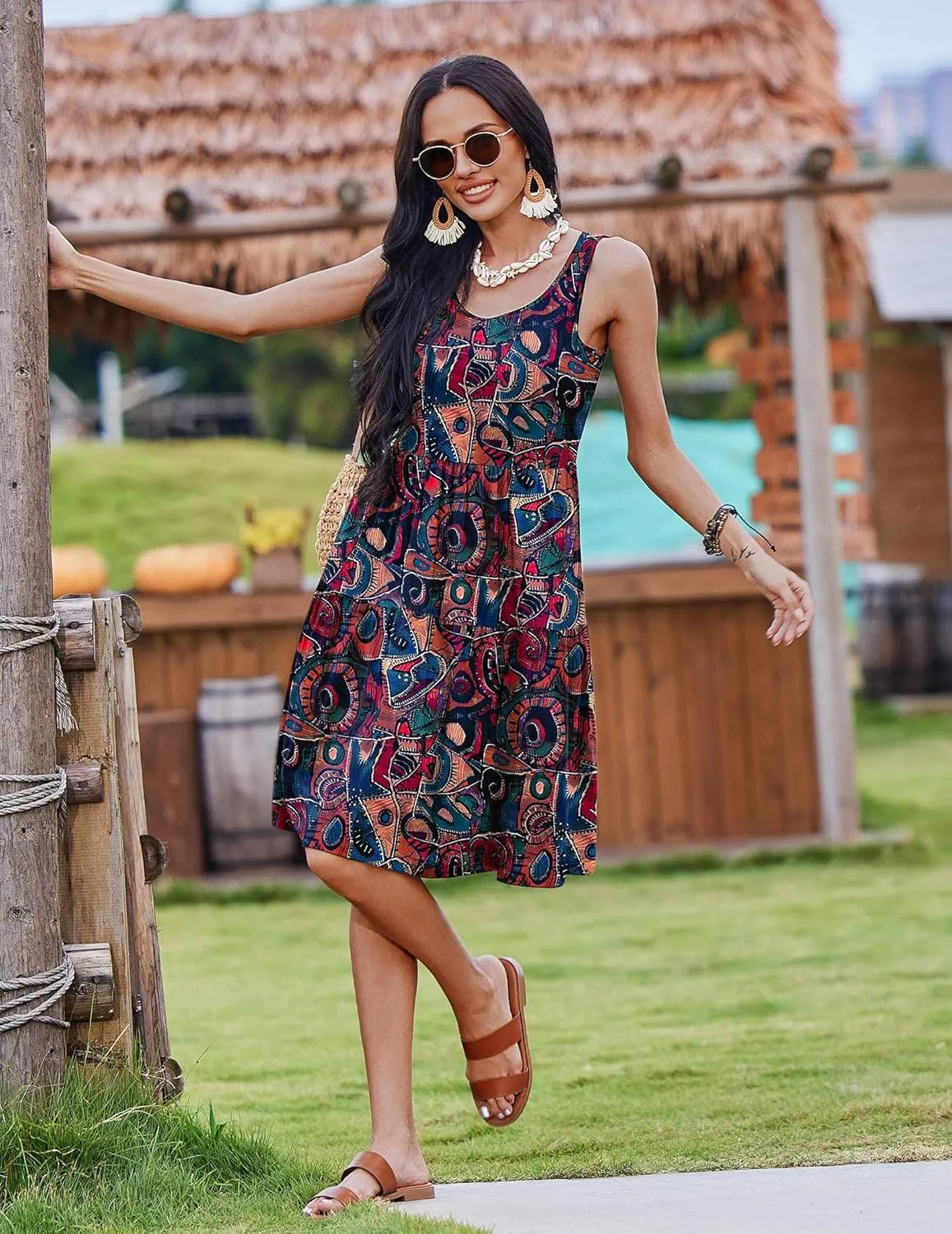 Zeagoo Womens Summer Sundress Boho Floral Casual Tank Dresses with Pockets Sleeveless Tiered Swing A Line Beach Dress