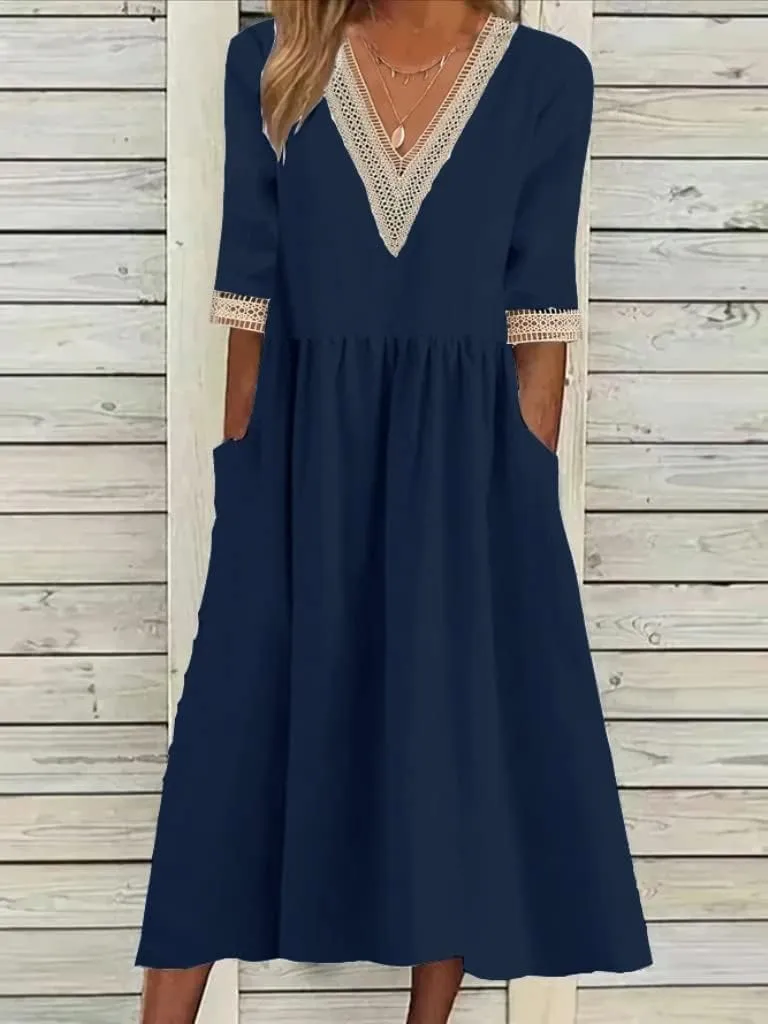 ZOCAVIA Women's Short Sleeve Cotton Linen Midi Dress 2025 Summer V Neck Button Down Shirt Dress Casual Sundress with Pockets