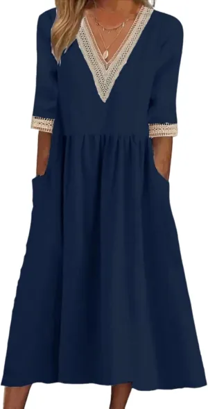 ZOCAVIA Women's Short Sleeve Cotton Linen Midi Dress 2025 Summer V Neck Button Down Shirt Dress Casual Sundress with Pockets
