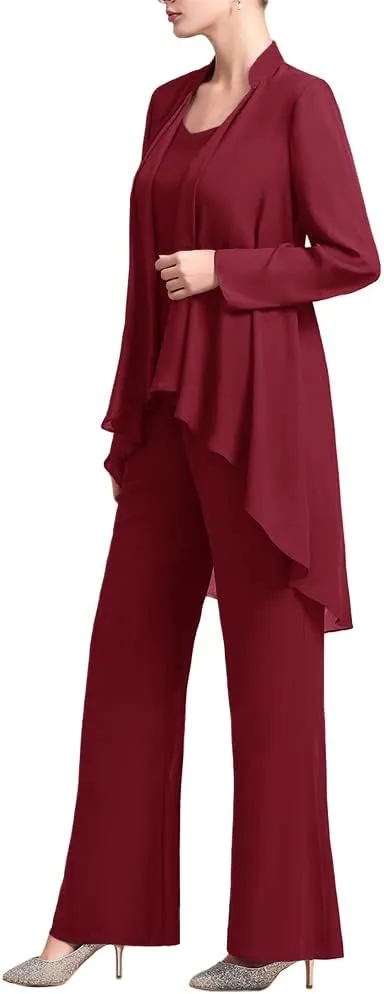 Zongqiven Women's Mother of The Bride Pant Suits 3 Pieces Chiffon Outfit Sets for Wedding Guest Evening Party Gowns