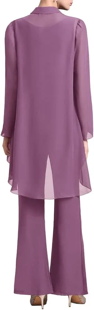 Zongqiven Women's Mother of The Bride Pant Suits 3 Pieces Chiffon Outfit Sets for Wedding Guest Evening Party Gowns